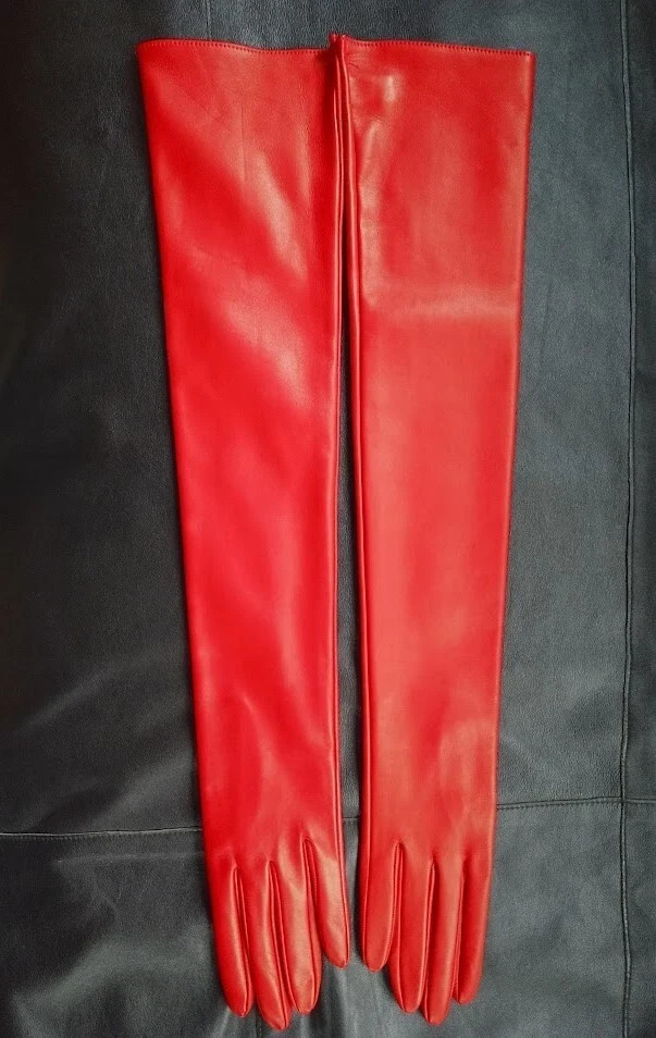 23″ LONG – SIZE 7.5 RED KID Leather Gloves Unlined ITALY – EVENT ROMANTIC FORMAL