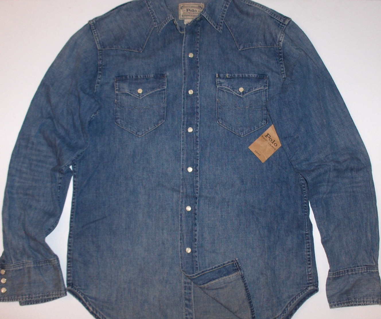 POLO RALPH LAUREN Men’s Long Sleeve Classic Fit Denim Western Snap Shirt, BLUE