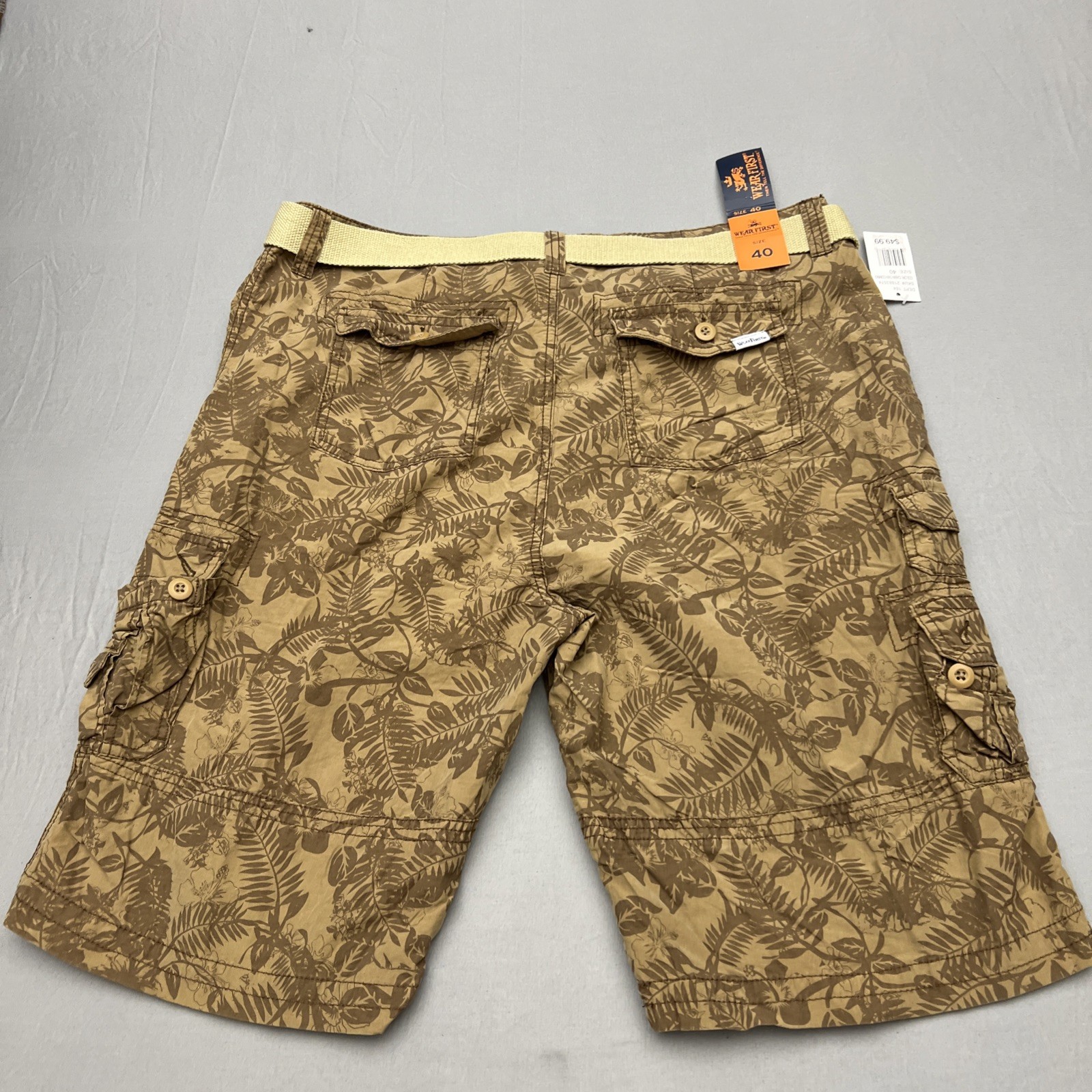 NEW- Wear First Palm Tree Hawaiian Brown Cargo Shorts with Belt Size 40