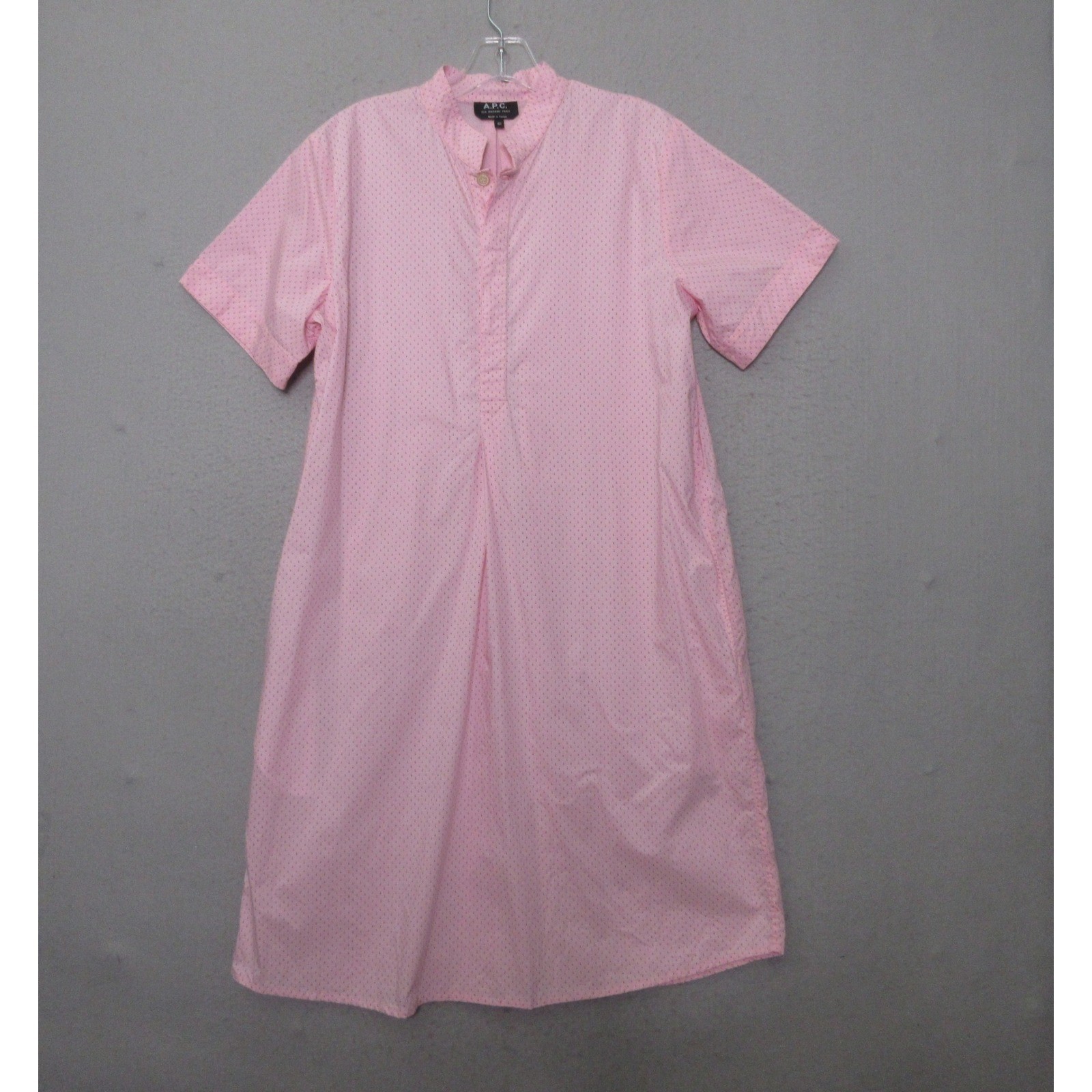 APC Shirt Dress Pink Polka Dot Cotton Band Collar Quiet Luxury Designer Pockets