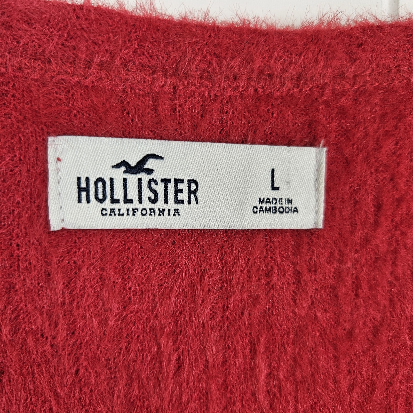 Hollister Cherry Red Cardigan Fuzzy Button Up V Neck Crop Large Holiday Preppy
