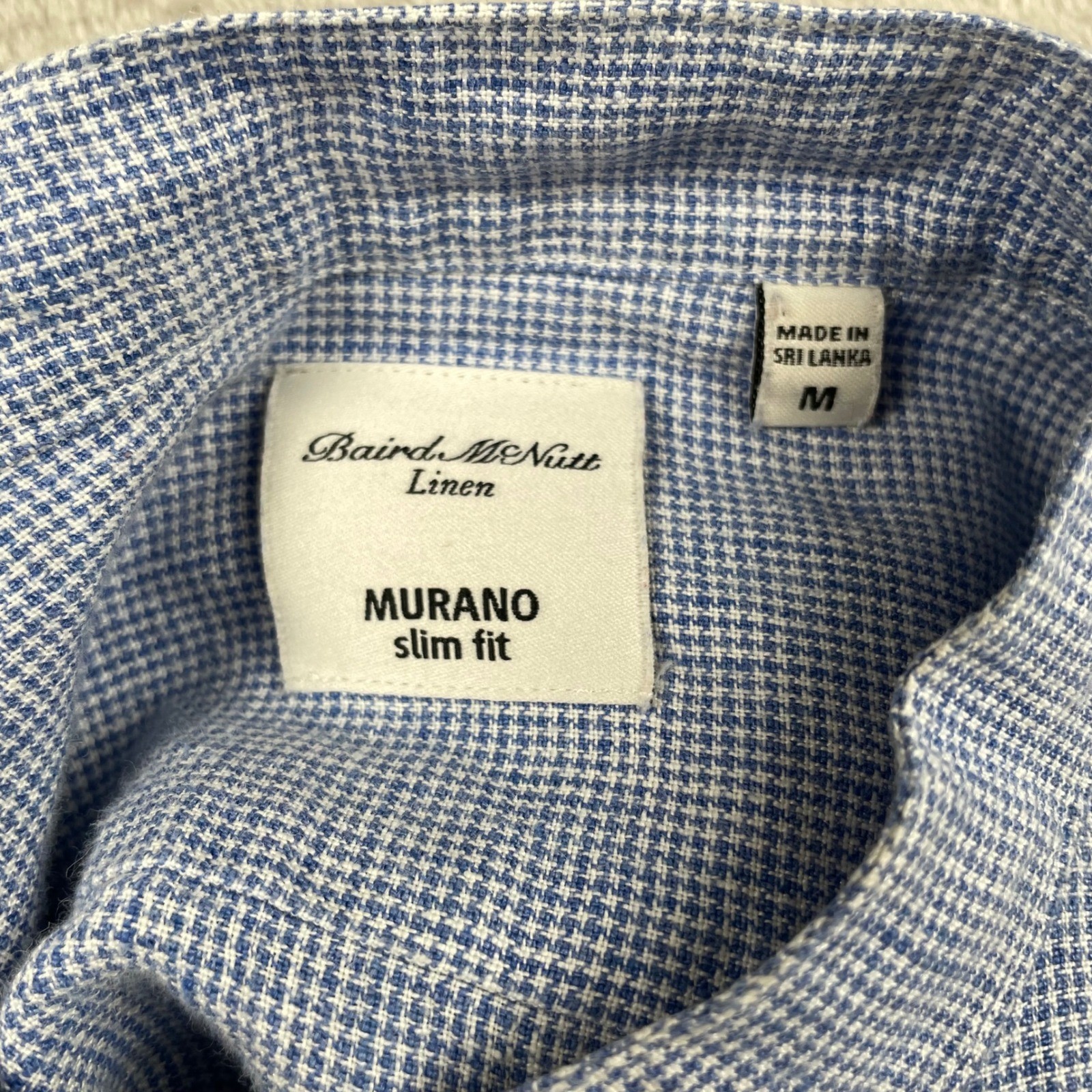 Murano Baird Mcnutt Shirt MensMedium Slim Fit Blue Linen Houndstooth Band Collar