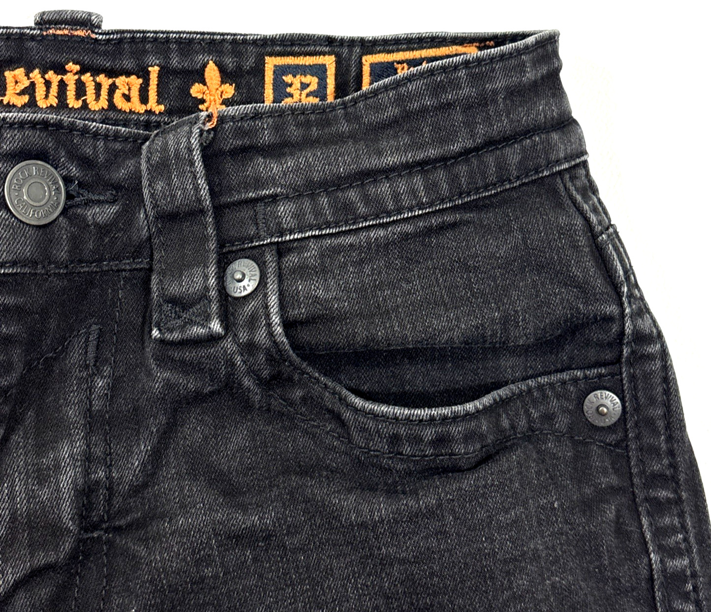 Rock Revival Ryker Jeans Mens 32×30 Slim Straight Black Biker Selvedge EUC Faded