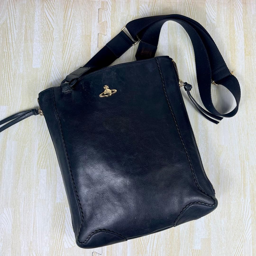 Vivienne Westwood Black Orb Leather Crossbody Shoulder Bag Adjustable Authentic