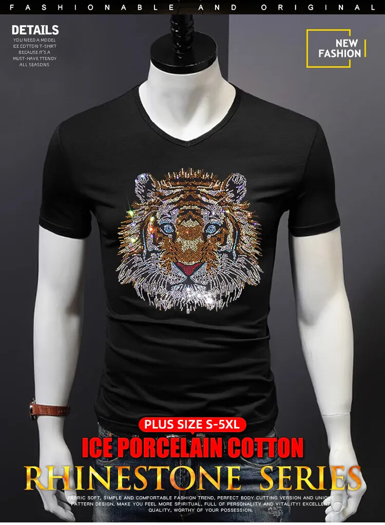 New Fashion Tiger Rhinestones Summer Short Sleeve Luxury Men Designer T-Shirt