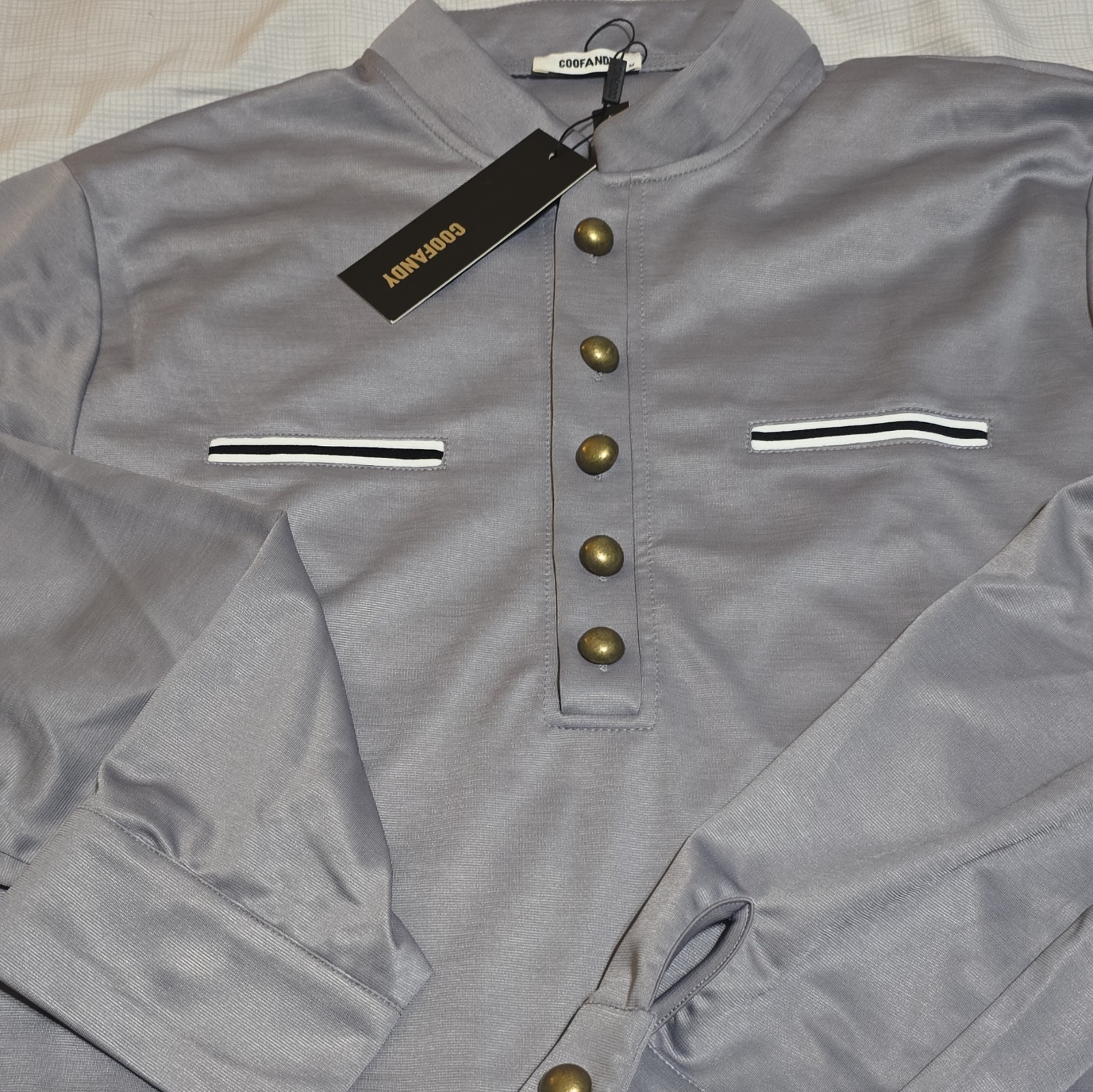 COOFANDY Men’s Gray Kurta Pajama Set, Satin Polyester, Long Sleeve, Size M