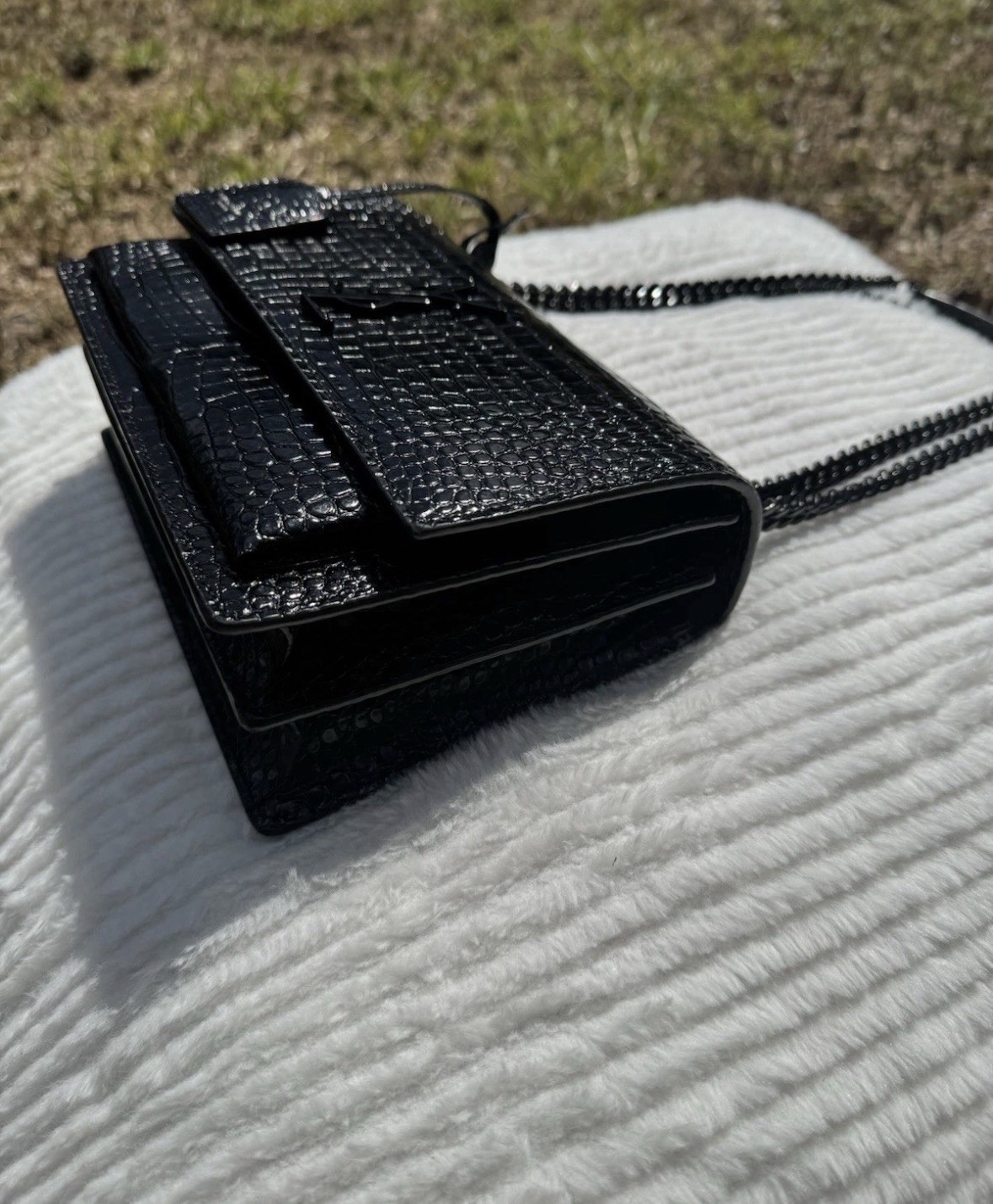 Saint Laurent Sunset Medium YSL Crossbody Bag in Croc-Emboassed Leather