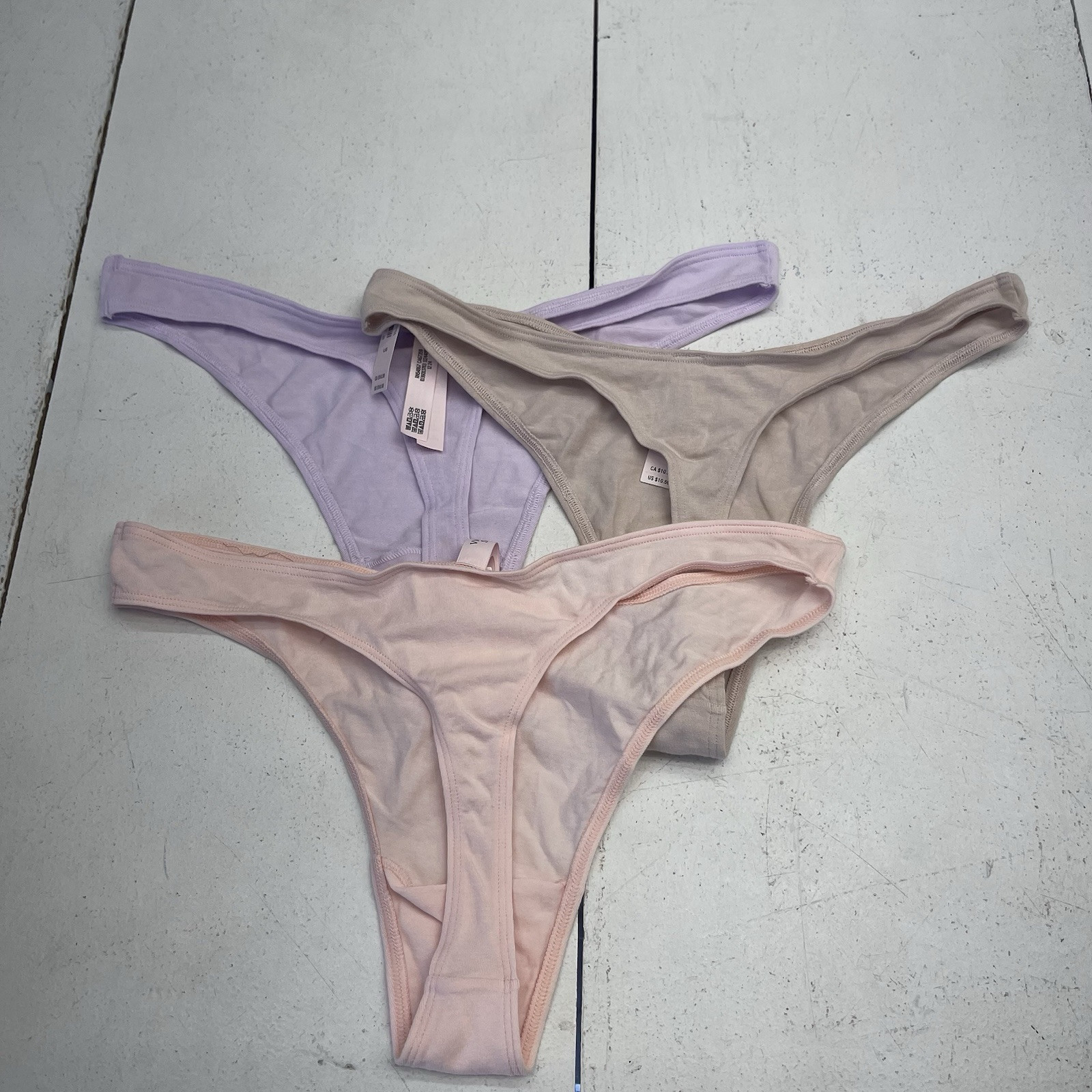 Victoria’s Secret 3 Pack High Leg Thong Underwear Purple Pink Beige Women’s L