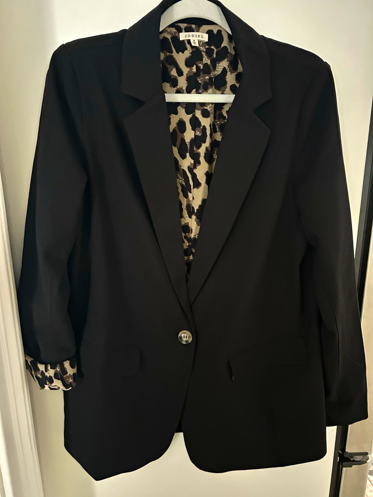 JODIFL Black Single Button M Blazer Leopard Lining Office Casual Every Day Chic
