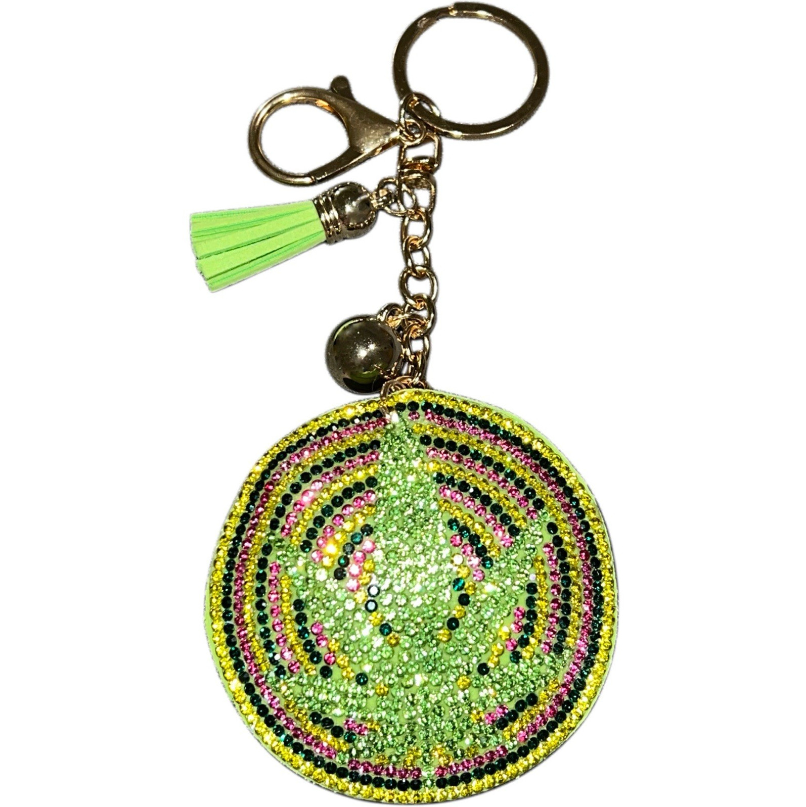 Rhinestone bling keychain/ bag charm. Round. Green/gold/pink/yellow. Leaf.