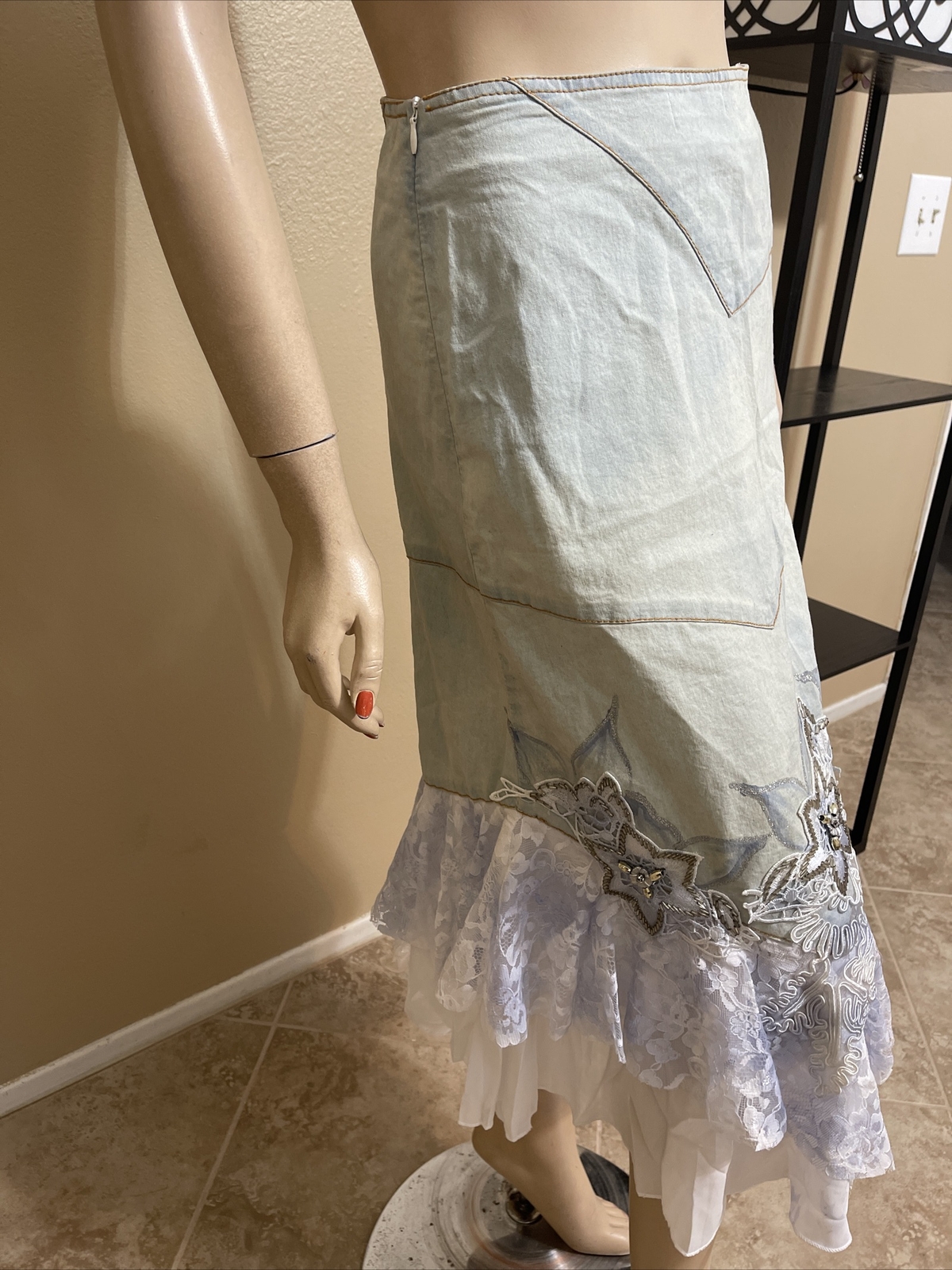 Women’s Blue Denim Cotton Beaded Embroidery Zip Boho Size XL(10-12) Skirt SK 715