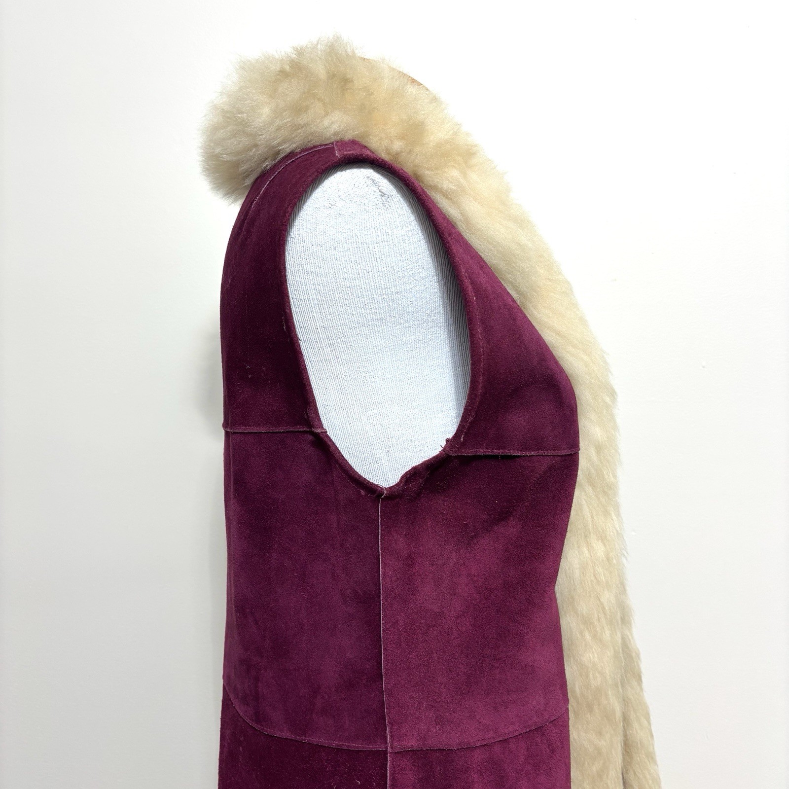 Vtg 60s 70s Penny Lane Burgundy Suede & Lamb Shearling Vest Hippie Afghan Coat S