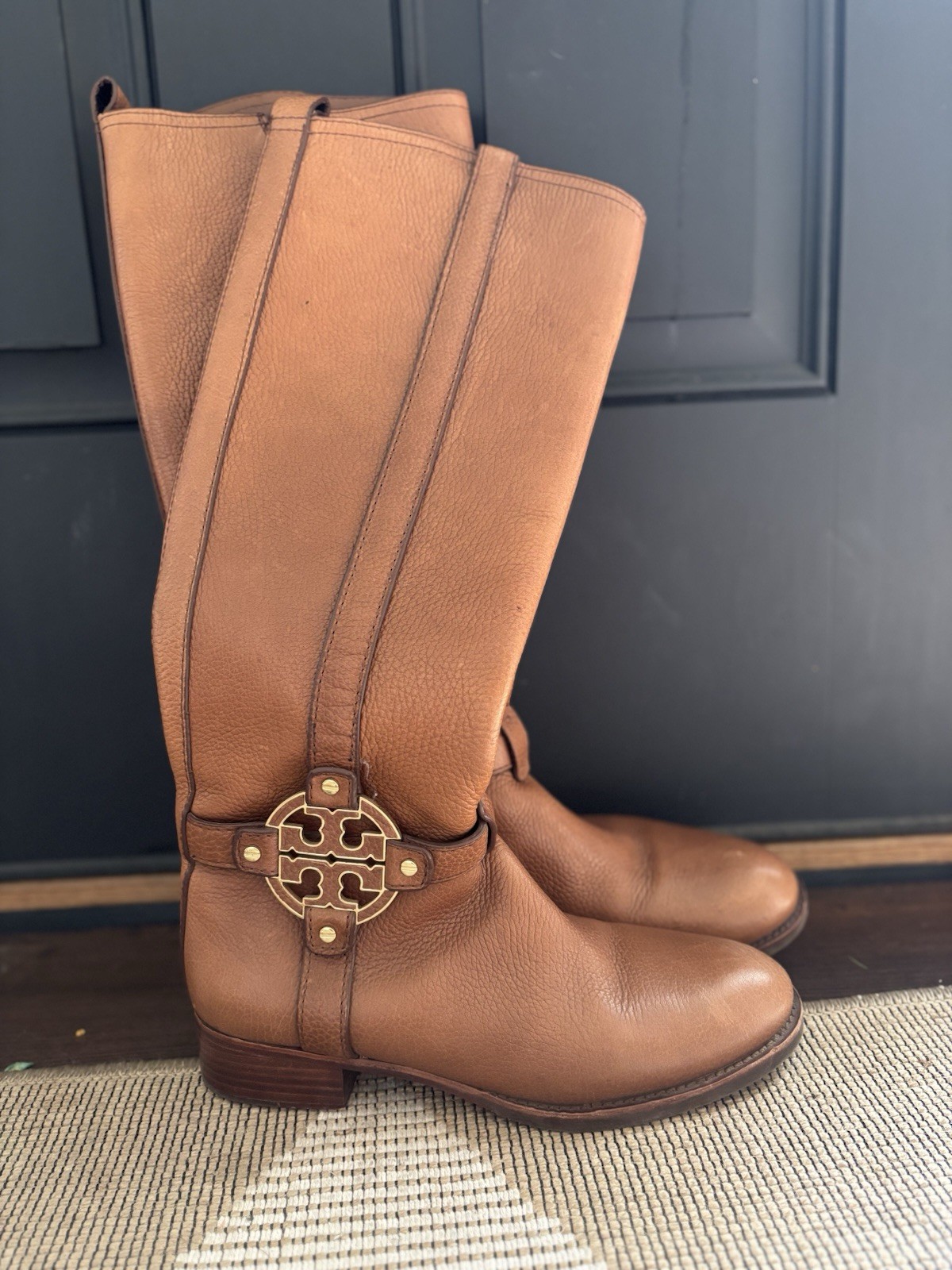 Tory Burch Amanda Brown Leather Knee High Riding Boots Zip Logo Womens 7.5M