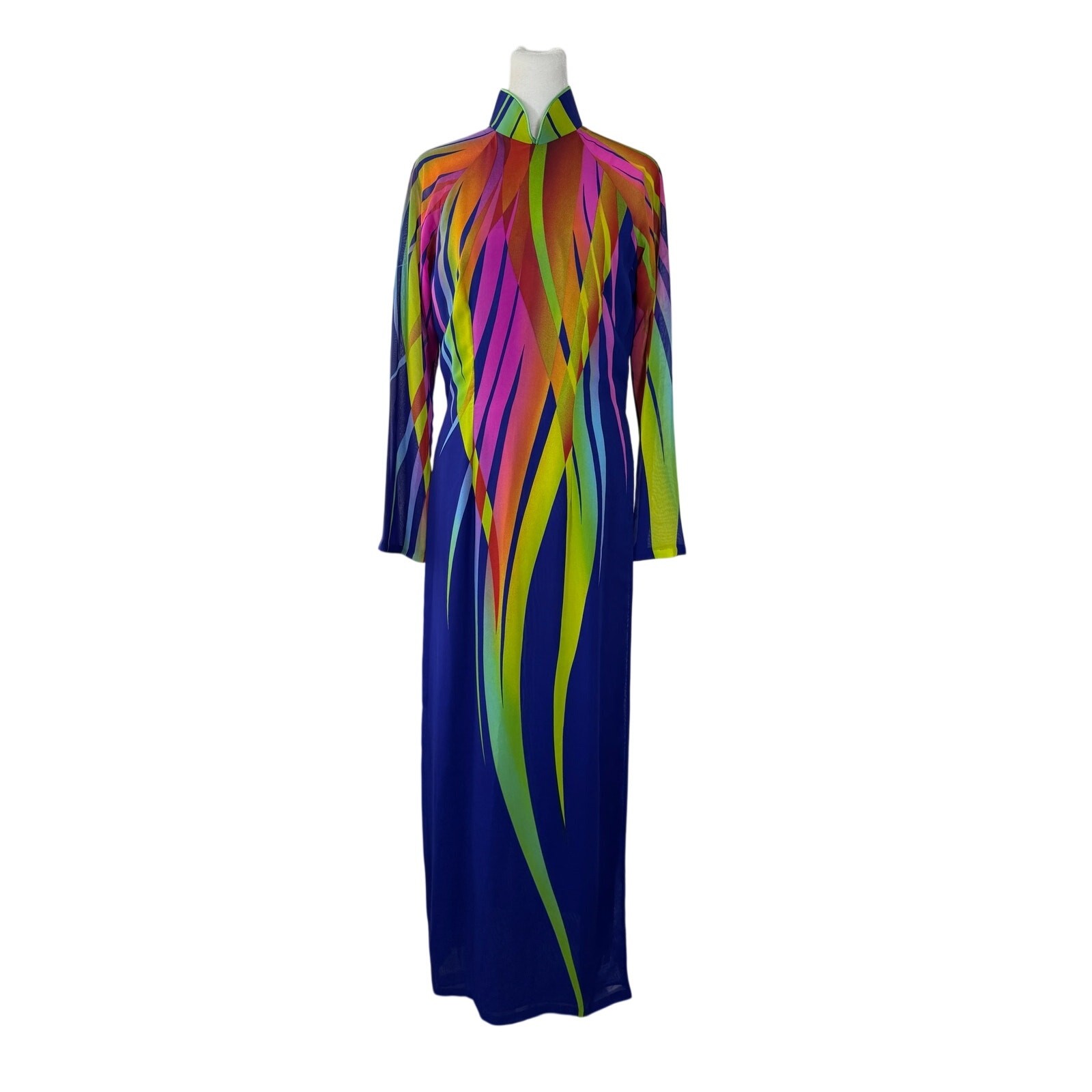 Multicolored Semi-Sheer Long Sleeve Ankle Length Tunic w/ High Side Slits