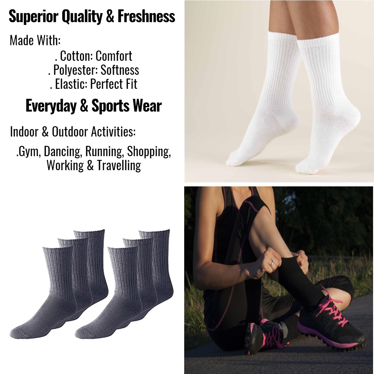 Mechaly 6 Pairs Unisex Crew Athletic Casual Sports Cotton Socks