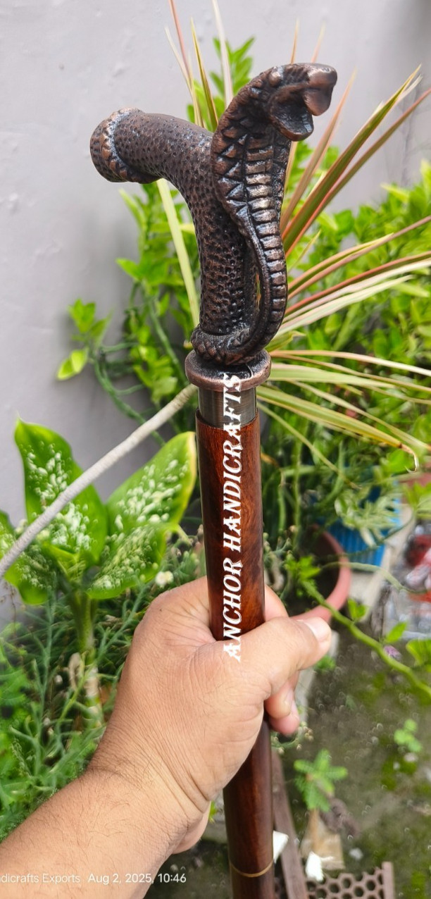 Nautical Antique Designer Snake Cobra Handle brown inlay wooden walking stick