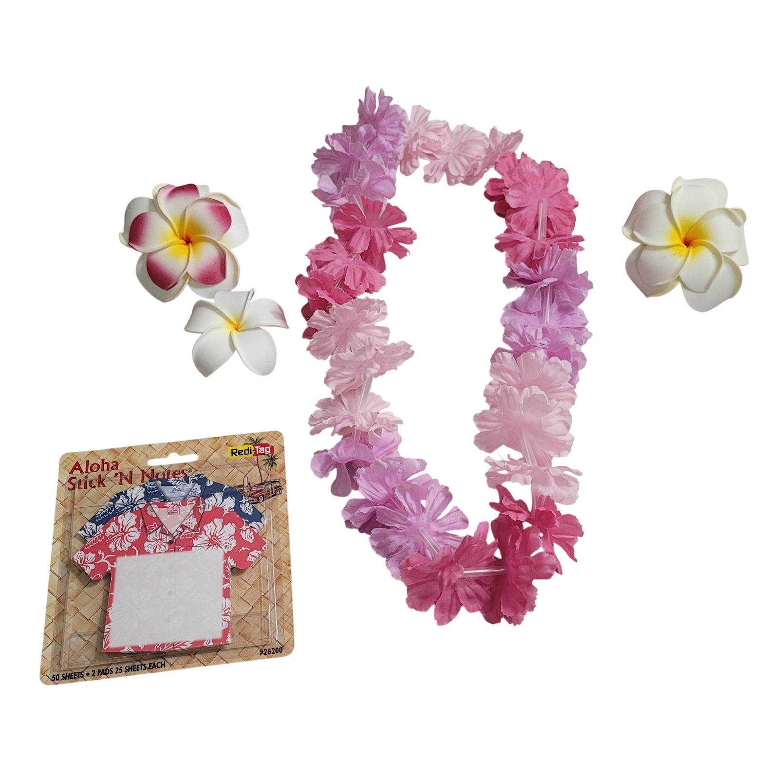 Redi-Tag Hawaiian Luau Set Lei Plumeria Hair Clips Aloha Sticky Notes Pink New