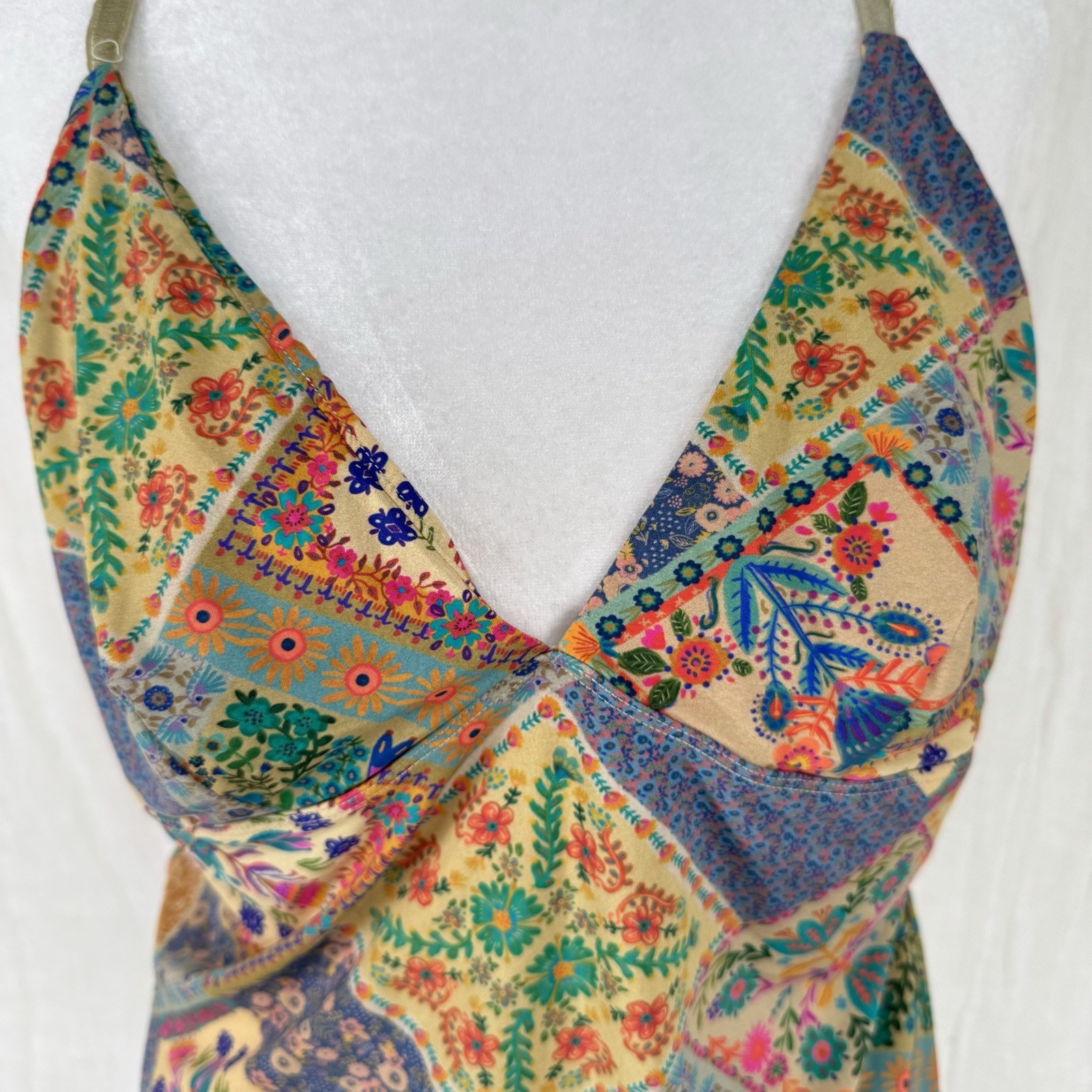 Natural Life Patchwork Cami Top L Boho Babydoll Y2K Deep V Floral Soft Stretchy