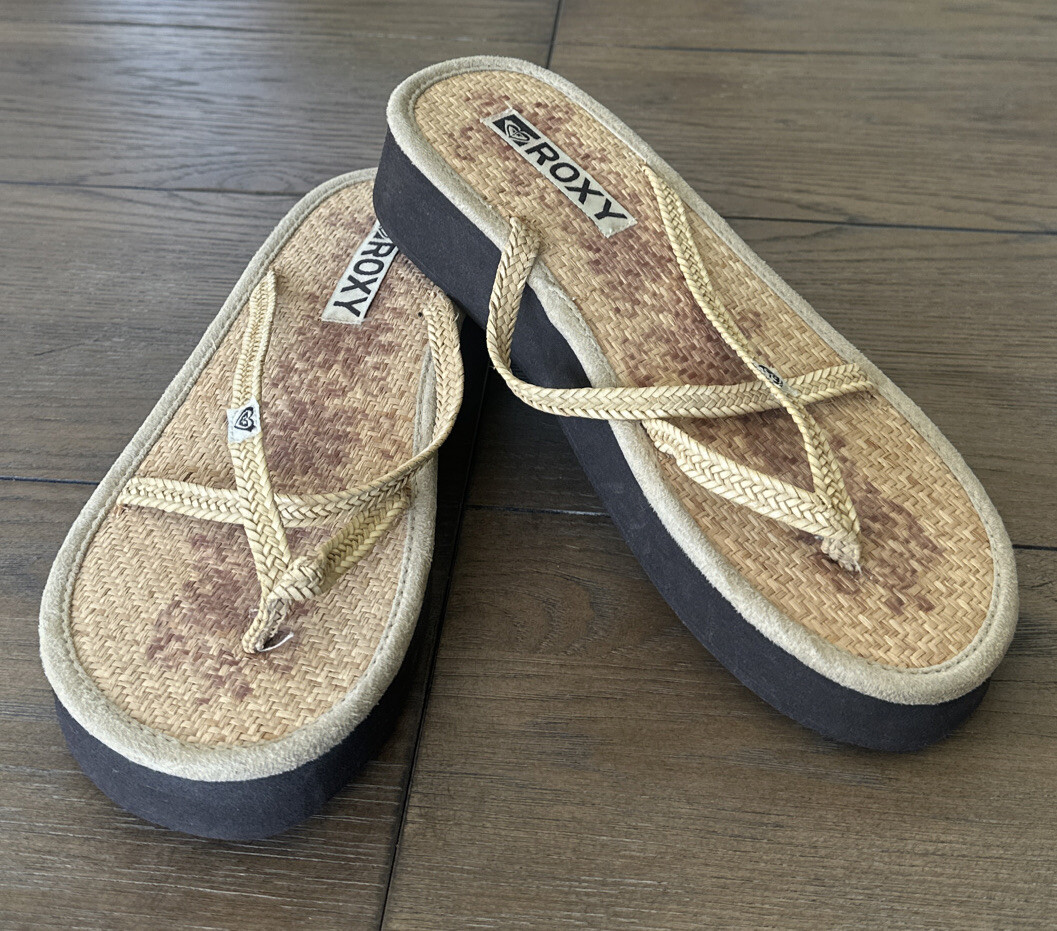 Vtg 90’s Y2K Roxy Quicksilver Sandals Straw Rattan T-Strap Brown Platform 9 9.5