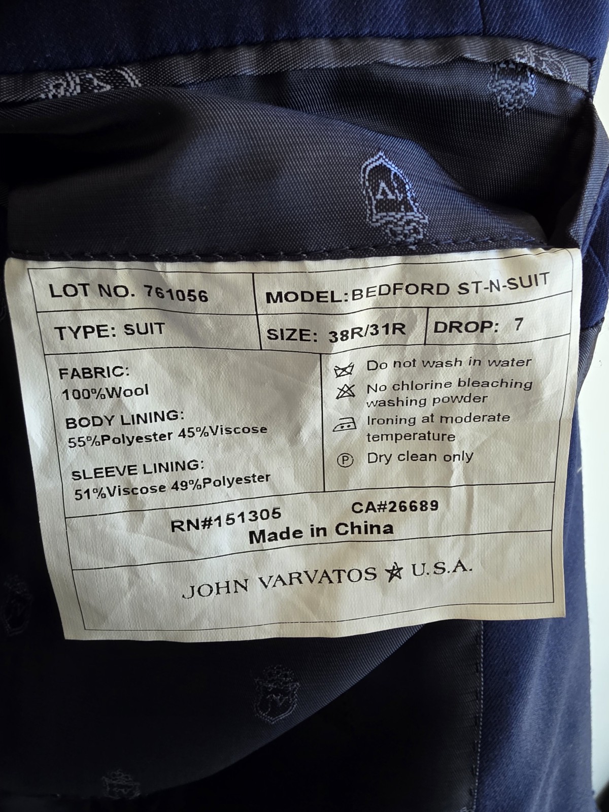 John Varvatos USA Blue Suit Jacket and Trousers Men Size 38R/31R Wool 100%