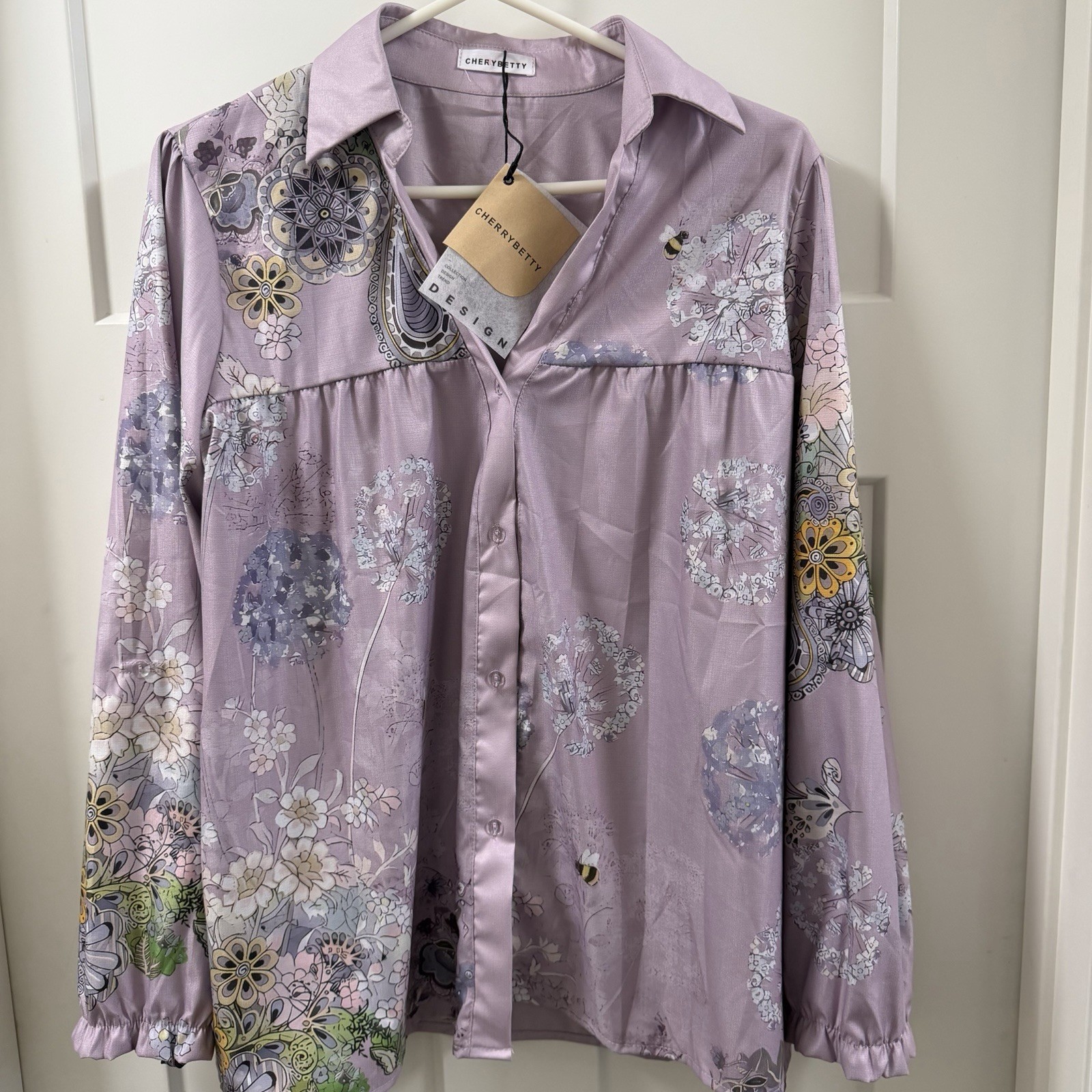 NEW Cherry Betty Women Pastel Purple Paisley Floral Bee Print Boho Blouse XL