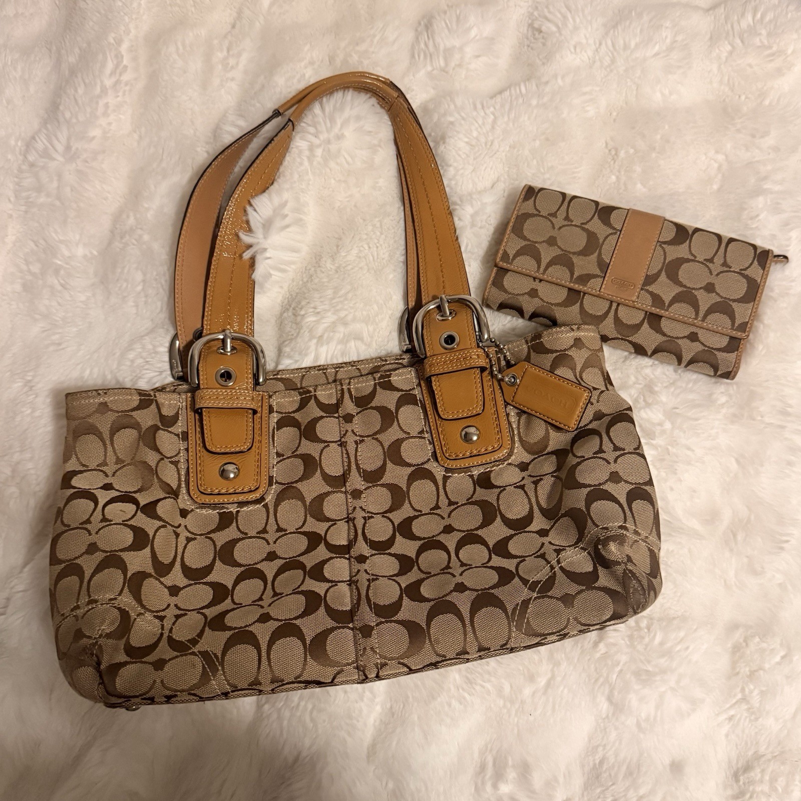Coach Signature Logo Satchel Top Handle Tan/Brown w/ Snap Wallet & Charm