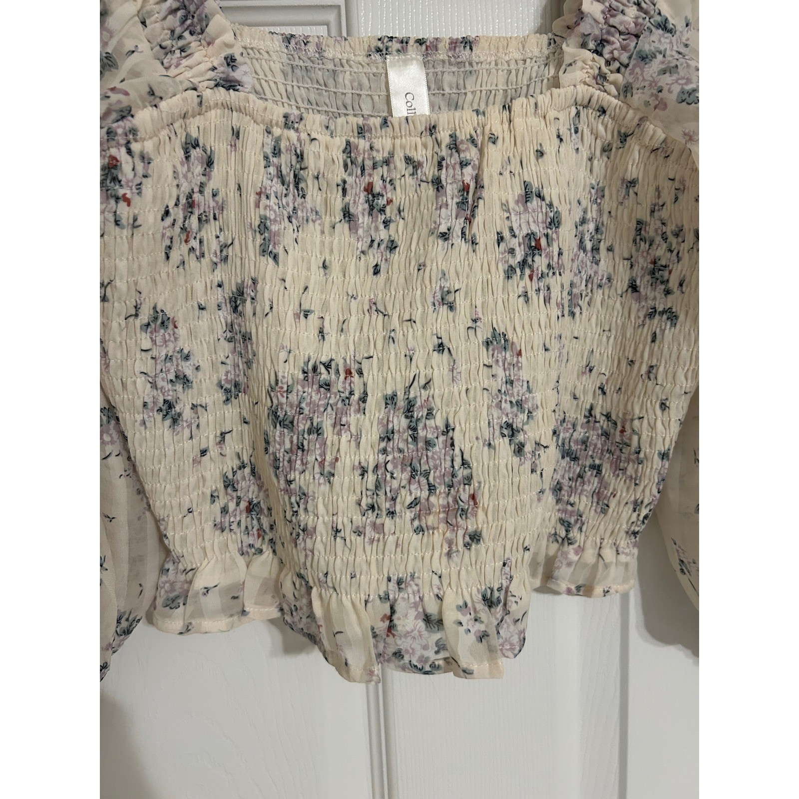 Collective Rack Floral Smocked Crop Top Cream Purple Sheer Balloon Sleeve Blouse