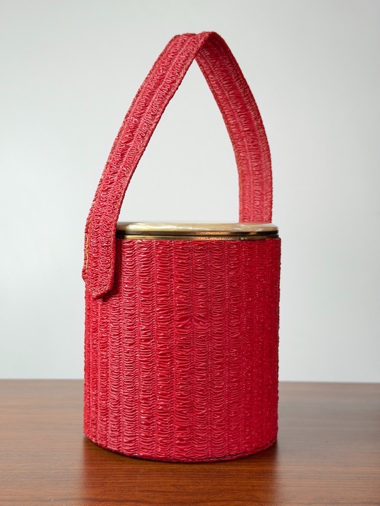 Vintage 1950s red round box purse, vinyl mirror Lin-Bren handbag cylinder small