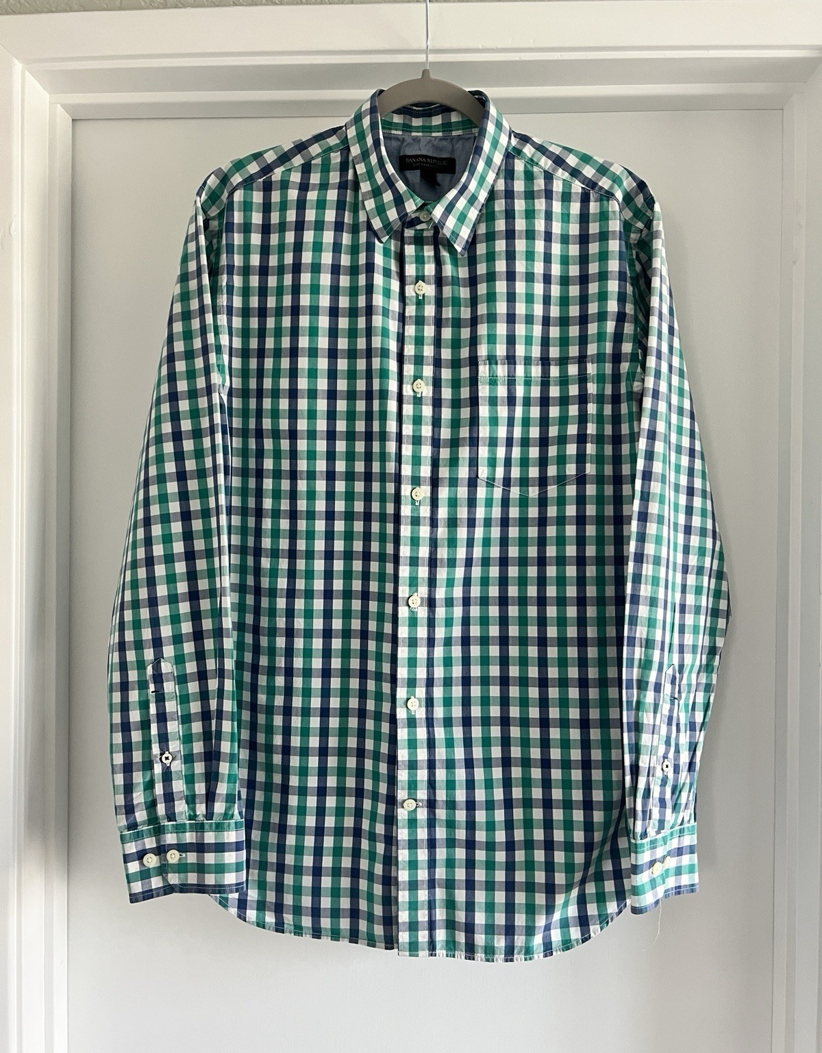 Banana Republic Men’s L Soft Wash Slim Green Blue White Check LS Button-Up