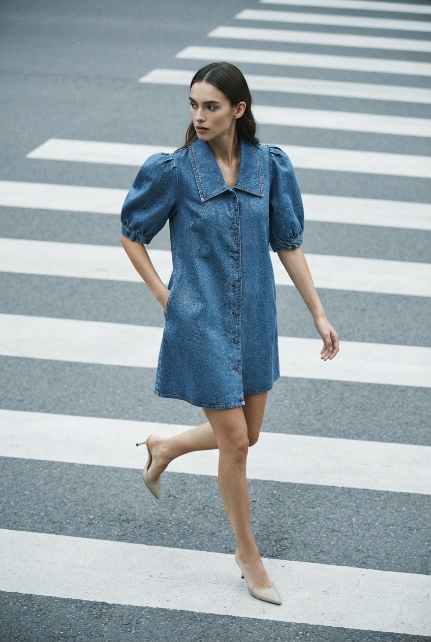 NWT House of Harlow 1960 Denim Shirt Dress Puff Sleeve Button Front Cotton Size6