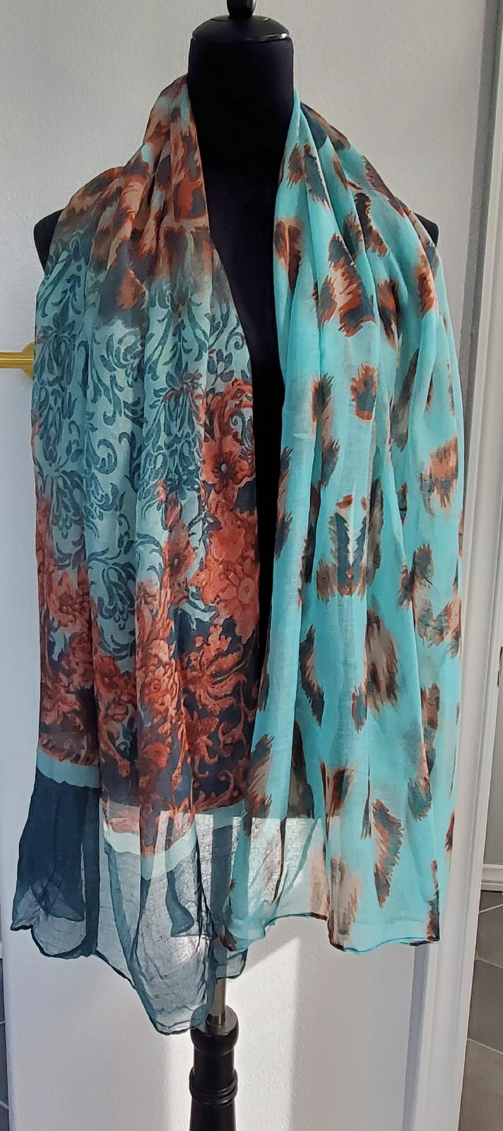 Maya Antonia Lightweight Soft Voile Scarf/Shawl,Teal-Aqua-Orange-Brown Leopard