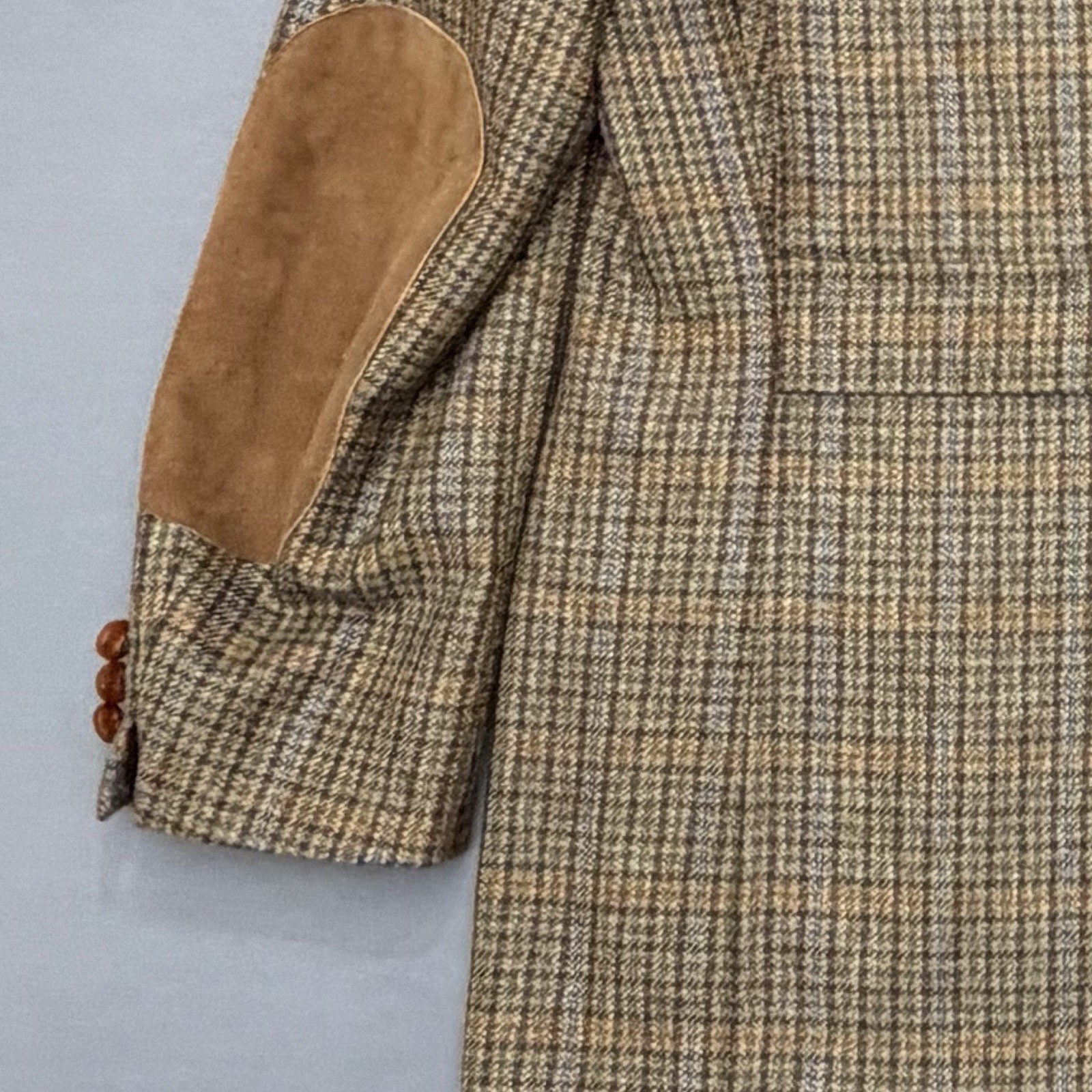KROON Men’s 44L Brown Plaid 100% Virgin Wool Sport Coat Elbow Patch Blazer