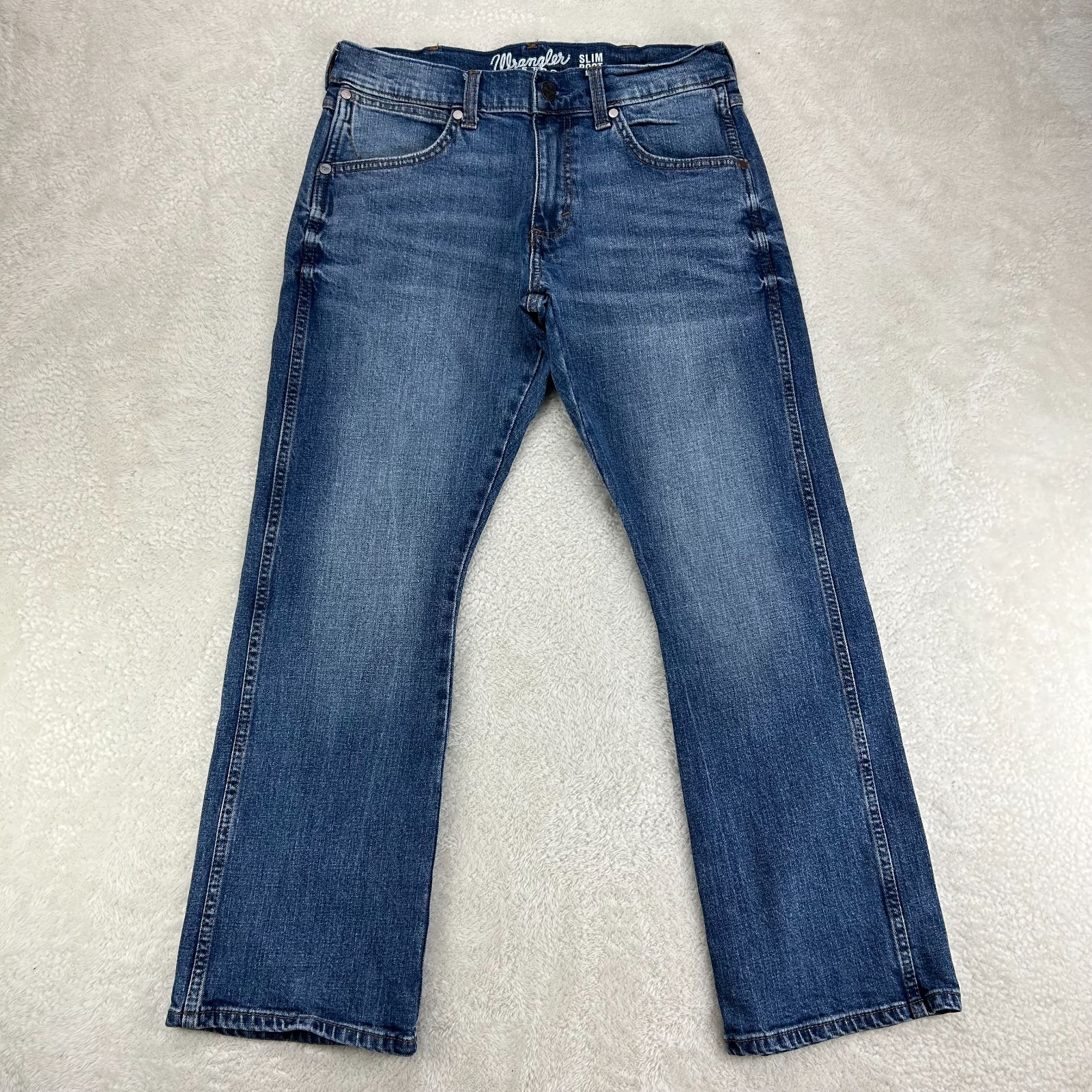 Wrangler Retro Slim Bootcut Jeans Mens 30×30 Blue Whisker Denim Stretch Cowboy