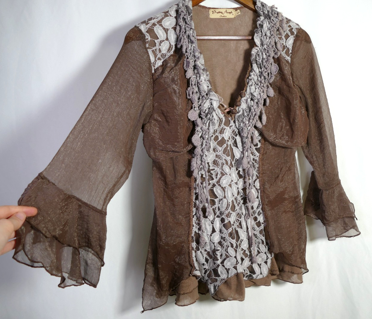 Pretty Angel Forest Fairy Whimsigoth Silk Blend Top Size L Brown Lace Whimsical