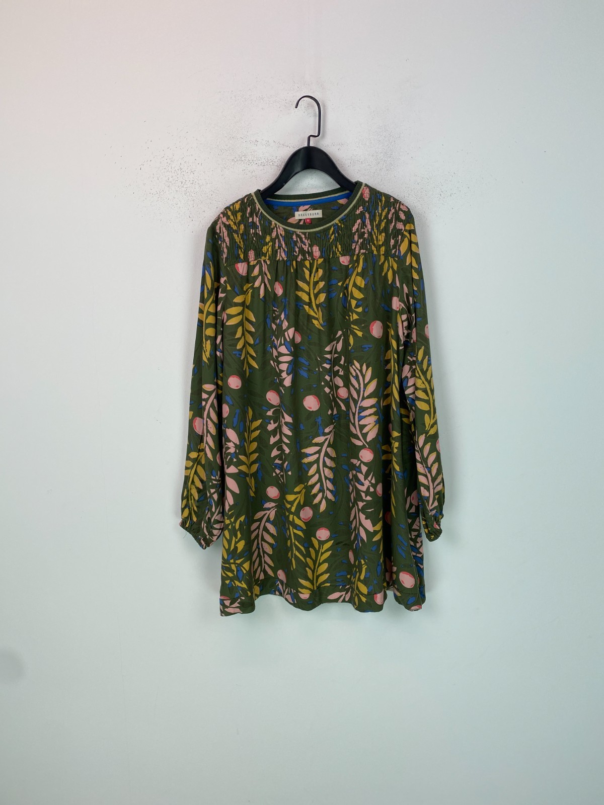 Brakeburn Green Floral Print Smock Top Round Neck Long Sleeve Pockets UK 8