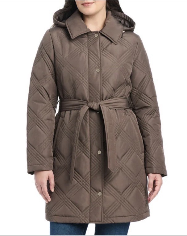 Jones New York Women’s Belted Quilted Hooded Jacket Color Brown, Size Small 4-6.