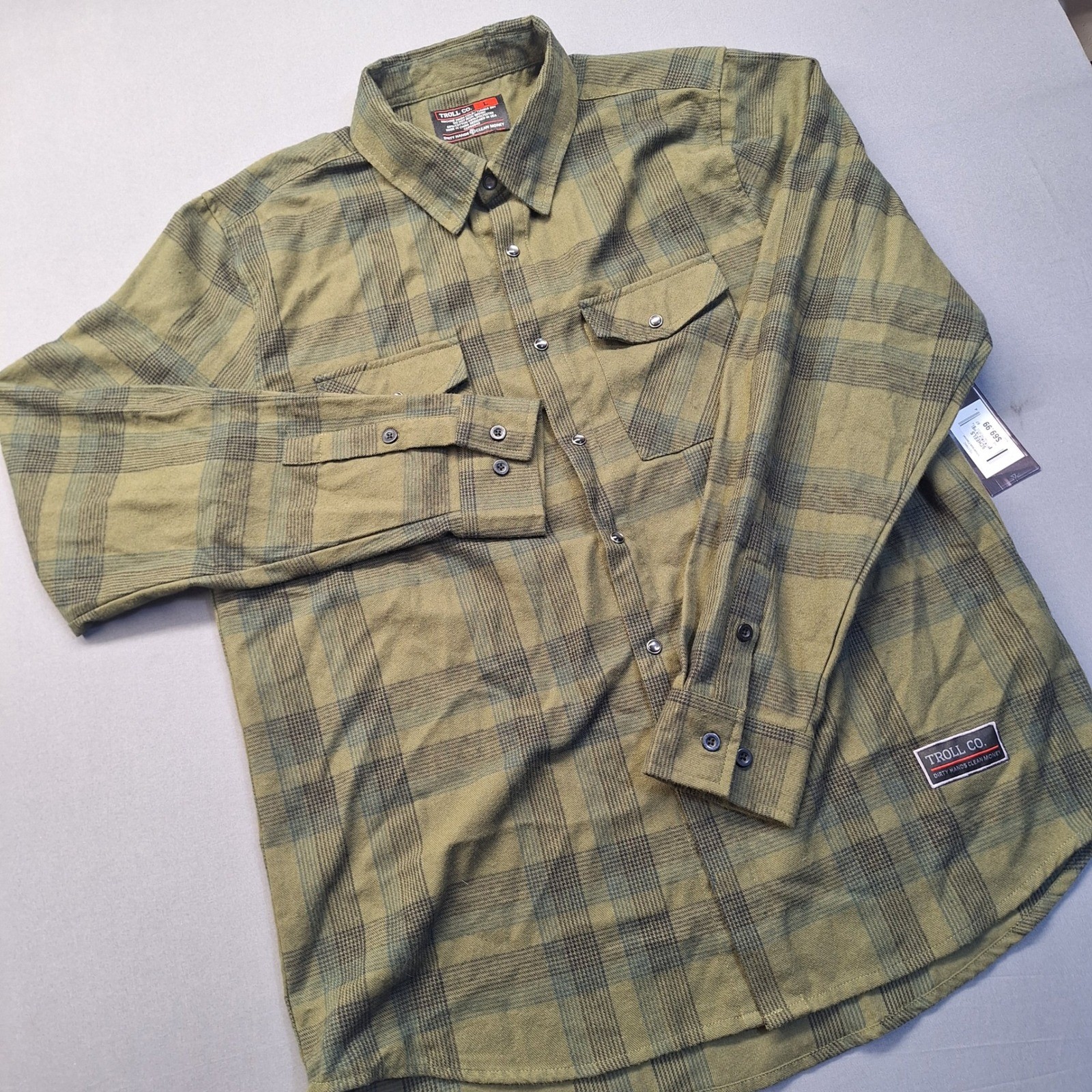 Troll Co Mens Amperage Flannel Shirt Olive Green Plaid TC1796C Size L NWT