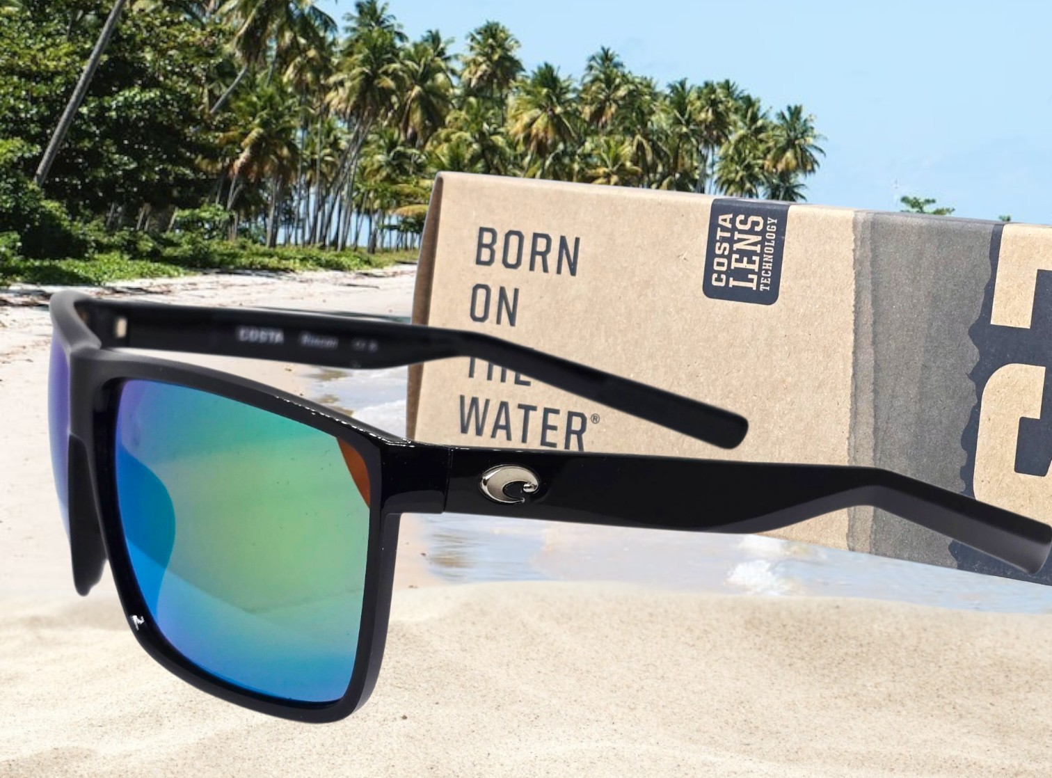 COSTA DEL MAR shiny black/green mirror RINCON polarized 580P sunglasses NEW!