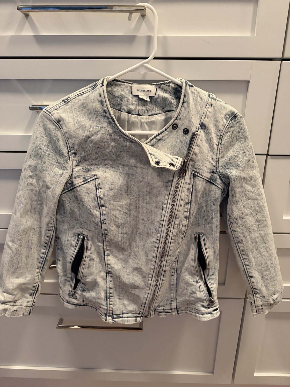 Helmut Lang Acid Wash Denim Asymmetrical Zip Moto Biker Jacket Size P