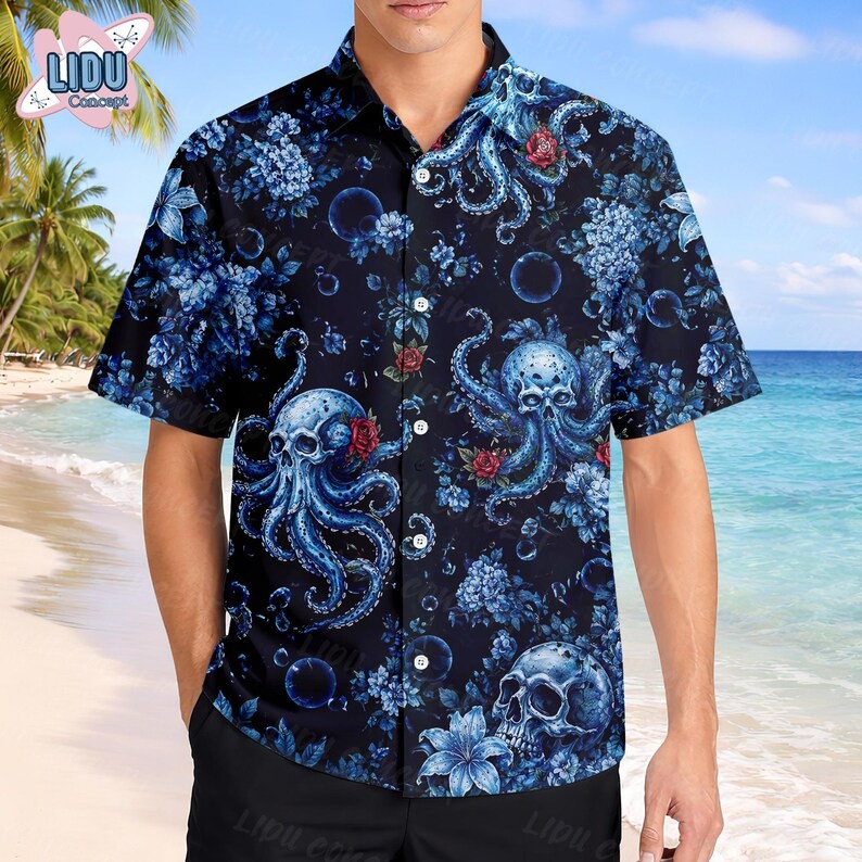 Octopus Sea Life Skull Nautical Ocean Beach Hawaiian Shirt Mens Womens