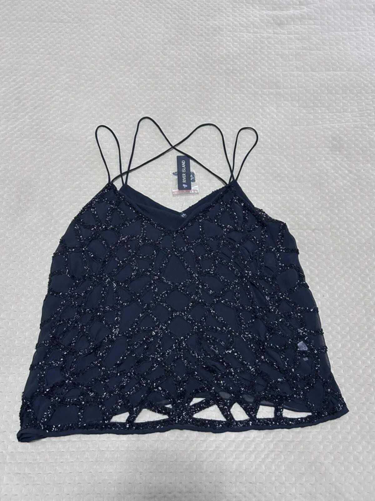 River Island Black Beaded Cami Top Party Evening Holiday Summer Festival Y2K 10
