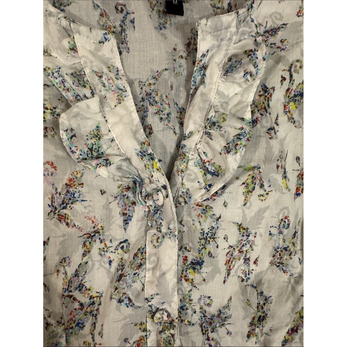NAF NAF White Multicolor Floral Button-Down Blouse- Beach, Vacation, Summer