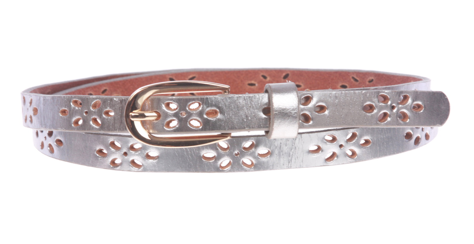 Skinny Perforated Floral Hollow Out One Piece Cowhide Full Grain Leather Bel