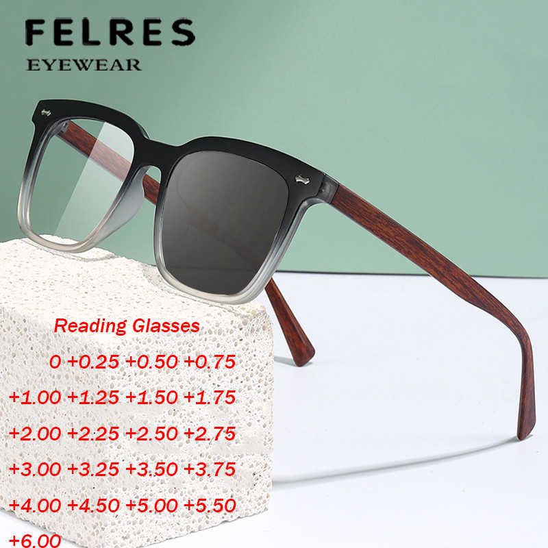TR90 Photochromic Presbyopic Glasses Men Imitation Wood Square Sunglasses Reader