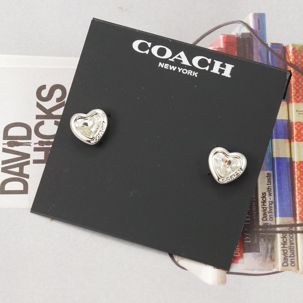 NWT Coach Stone Heart Stud Earrings Clear Silver Tone