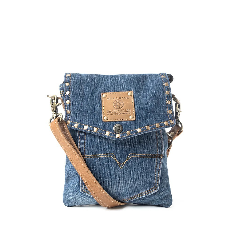 Dahlia Denim Small Crossbody Bag-Leather Adjustable Strap-Brass Studding-8″x9″