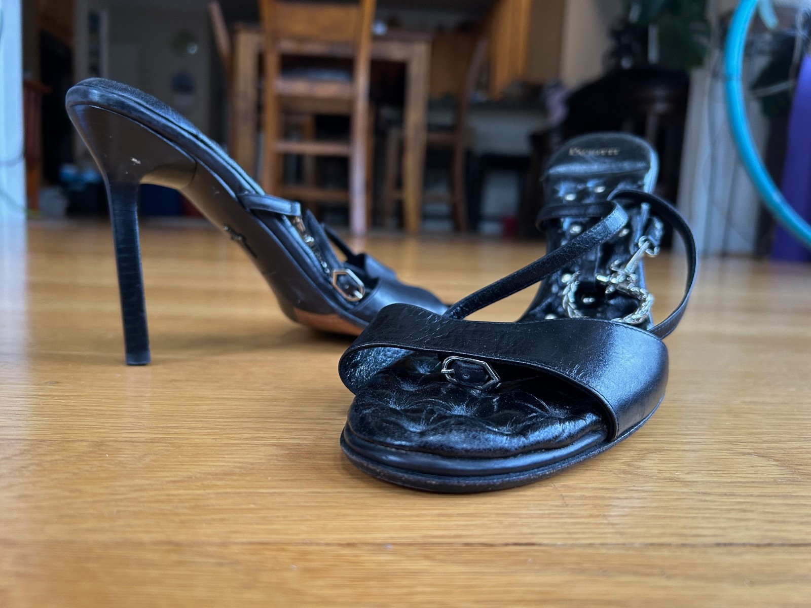 CESARE PACIOTTI Black Leather Sandals with Dagger &Sword Logo Size 10 IT 40 Good