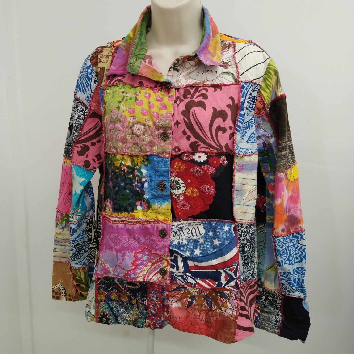Gandy Couture Womens Top Shirt Jacket Medium Red Colorfull Design Long Sleeve