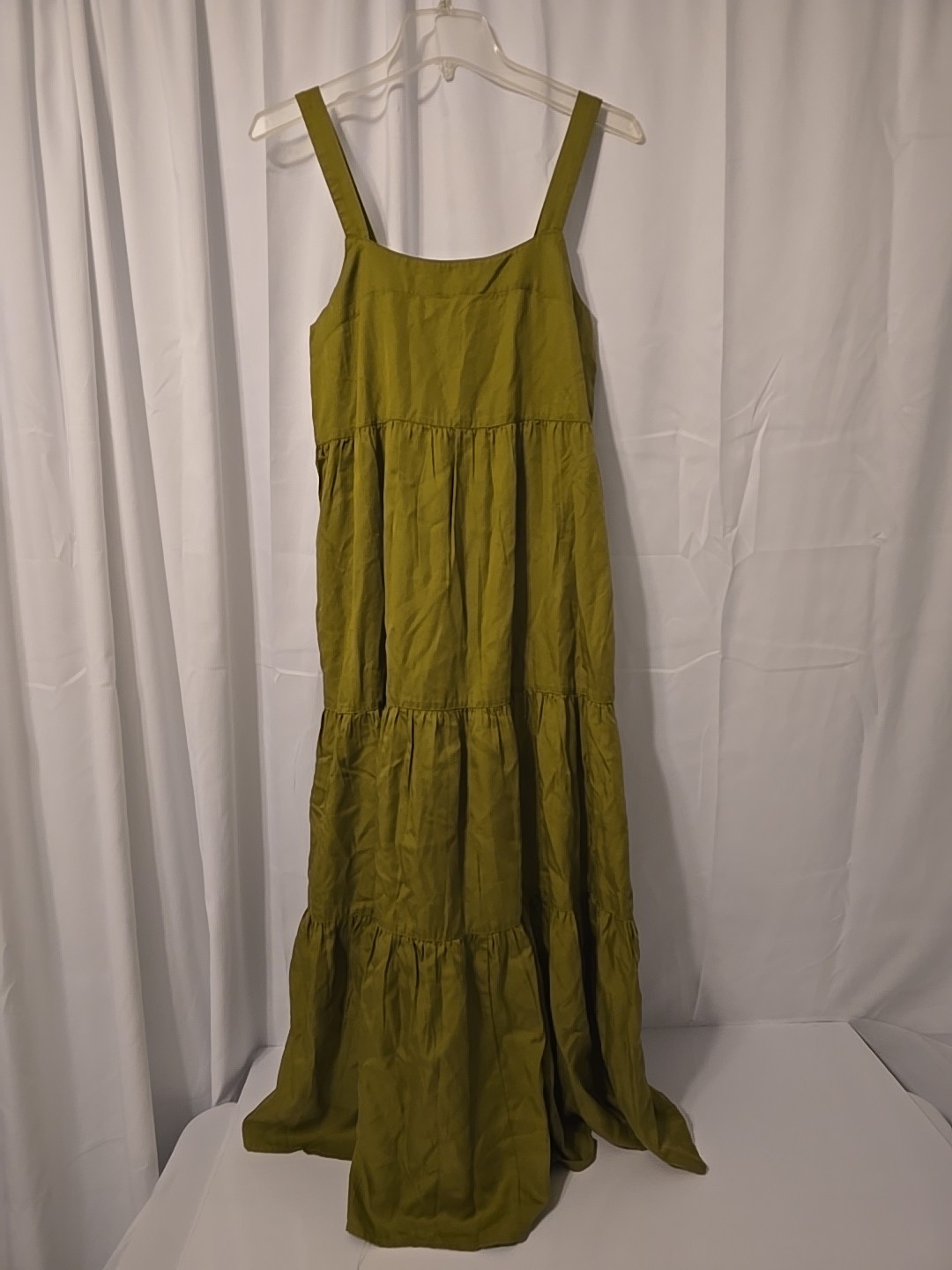 The Drop Women’s Green Britt Olive Oil Tiered Maxi Dress With Pockets Size SMALL