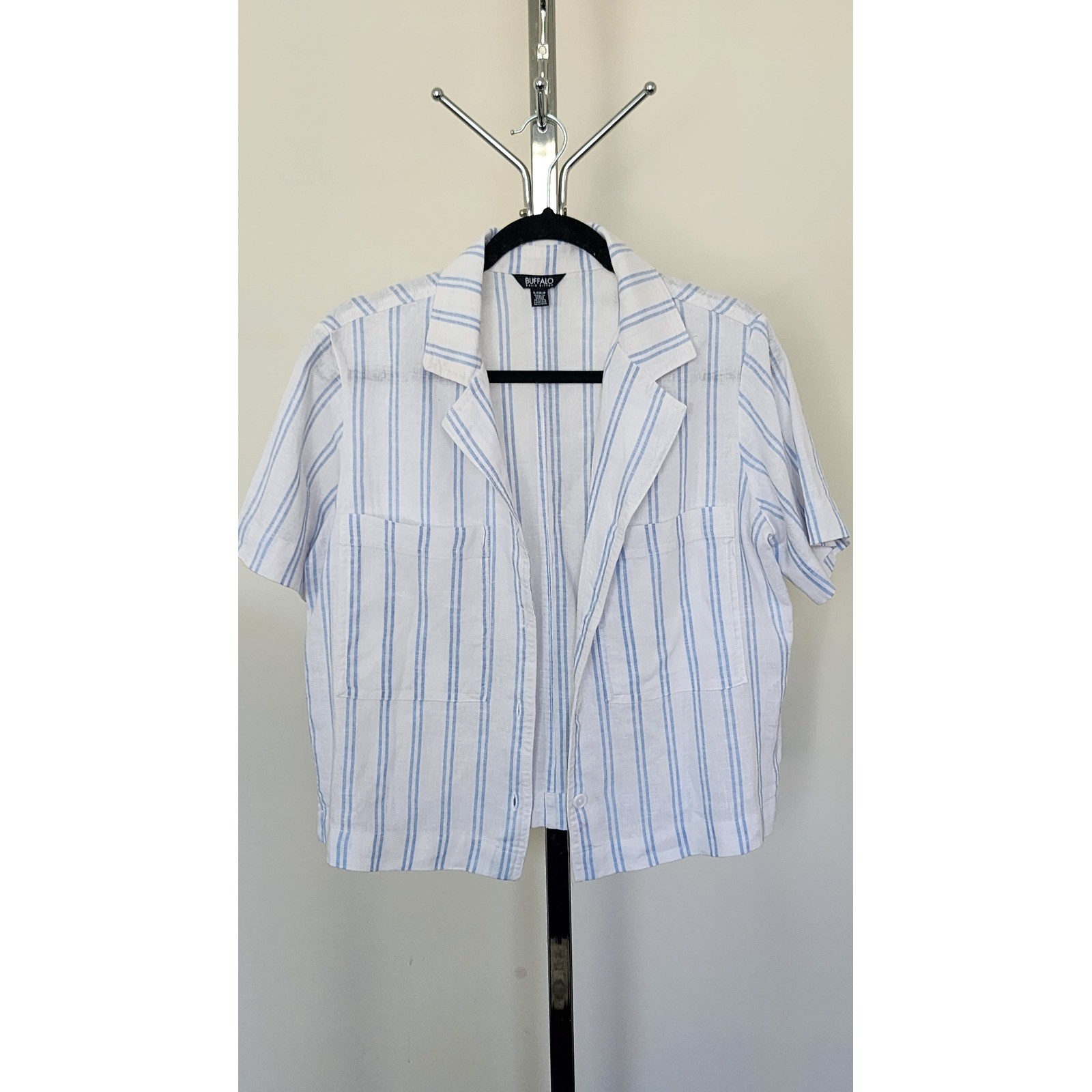 Buffalo David Bitton Womens Linen Blend Striped Short Sleeve Camp Shirt Blue S